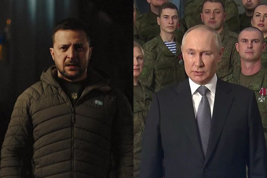 左边是 Volodymyr Zelenskyy 在黑暗中对着镜头讲话，右边是普京站在军队前面。