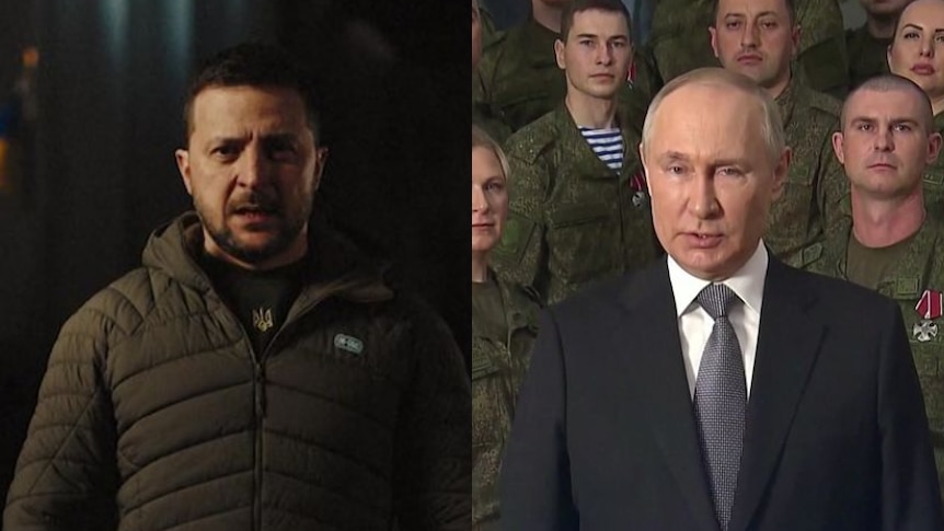 Volodymyr Zelenskyy addresses the camera in the dark on left, on right Putin stands in front of military.