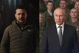 Volodymyr Zelenskyy addresses the camera in the dark on left, on right Putin stands in front of military.