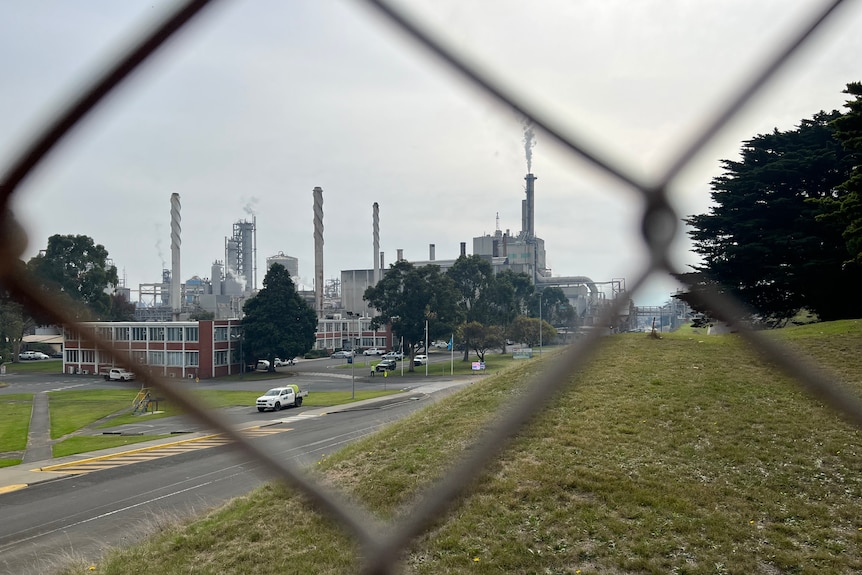 A paper mill viewed through a fence.