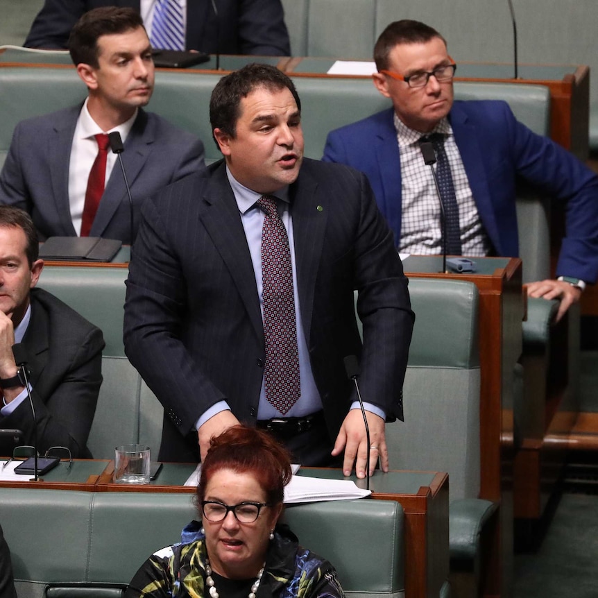 Pasin is on his feet asking a question, surrounded by nearby colleagues.