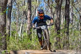 A mountain bike rider rides along a bush track.