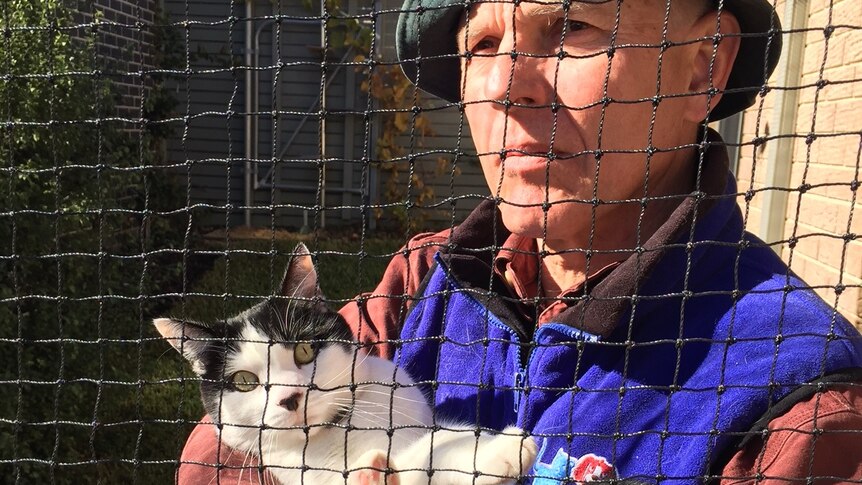 Tom Graham holds a cat behind while standing behind wire mesh.
