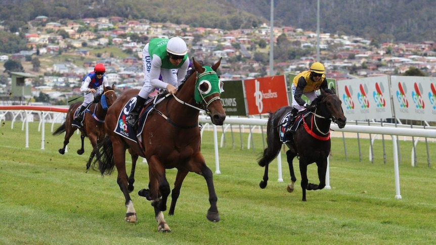 Maskiell, in the green and white silks, riding The Sword into 2nd place in Hobart.