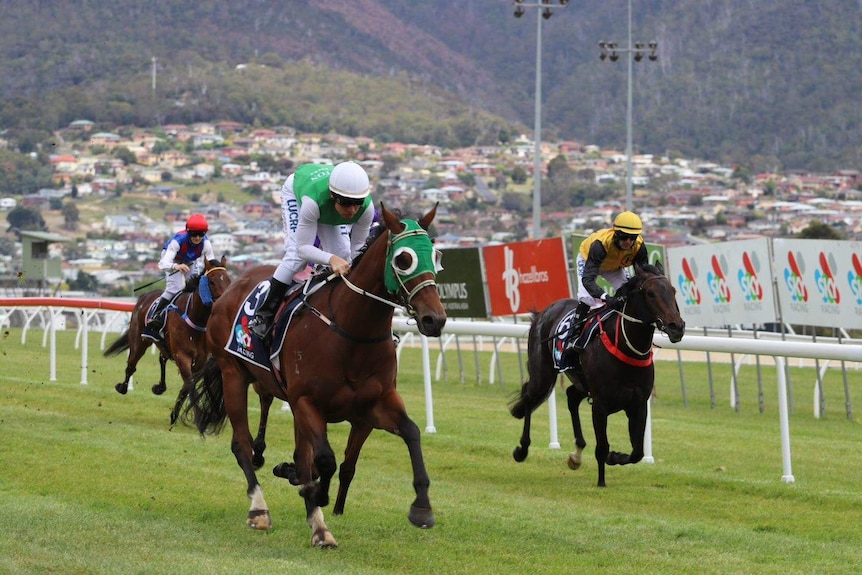 Maskiell, in green and white silks, riding The Sword in 2nd place at Hobart.