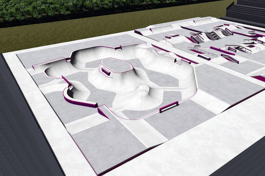 A computer rendering of a large concrete skateboard course.