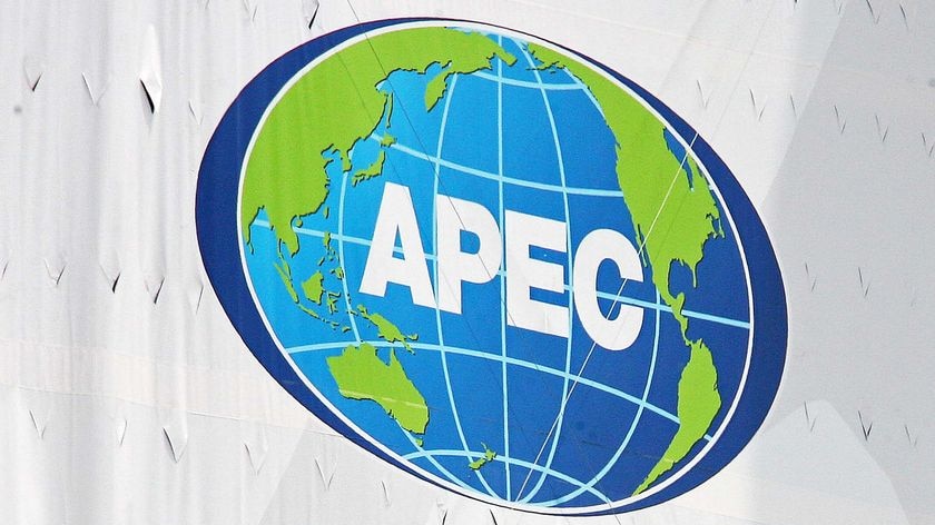 An APEC forum sign in Lima, Peru.