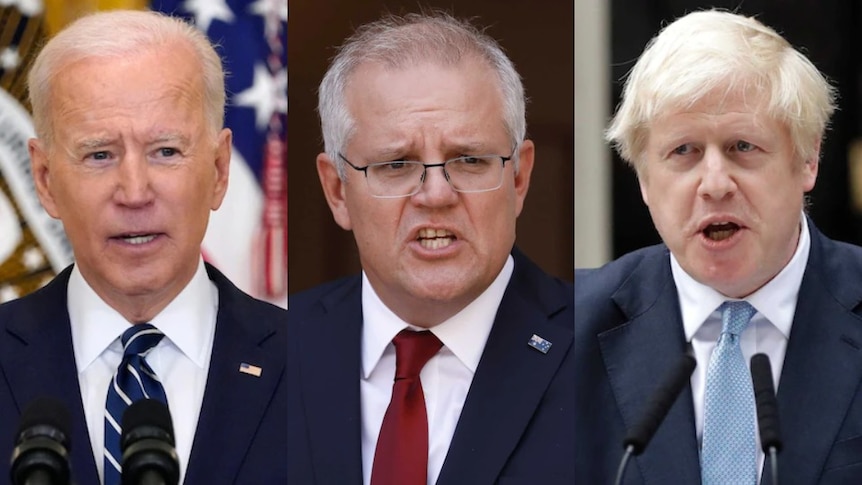 Headshots of Mr Biden, Mr Morrison and Mr Johnson. 
