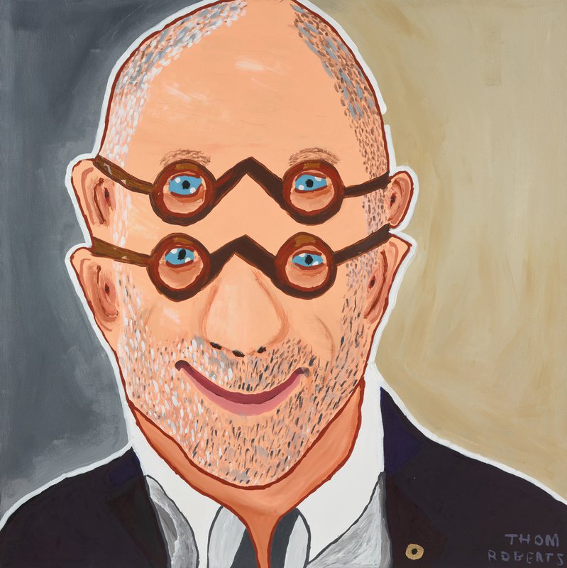 Surreal painting of a white man's face, with four eyes and two sets of glasses painted on his face