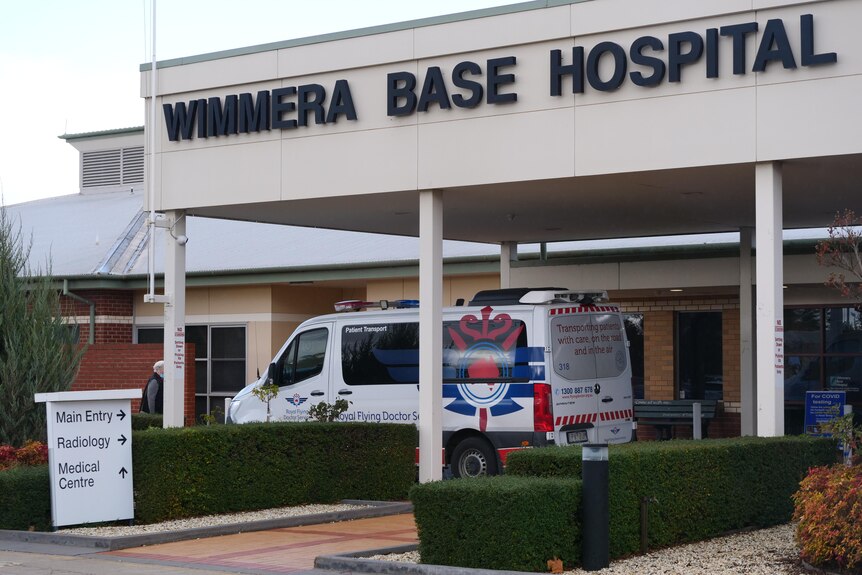 A patient transport vehicle at the entrance of Wimmera Base Hospital