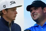 In two separate images, Cameron Smith looks to his left and Patrick Reed looks to his right.