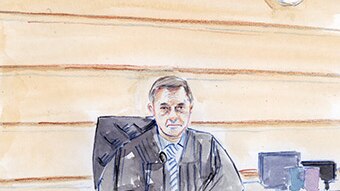 Illustration of magistrate Colin Strofield in his courtroom
