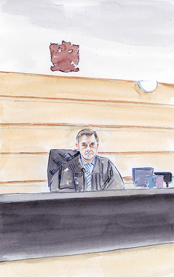 Illustration of magistrate Colin Strofield in his courtroom