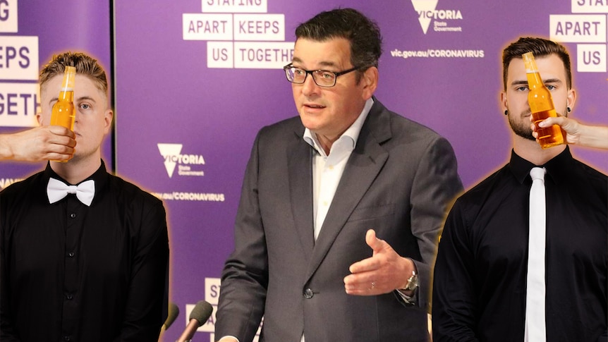 A composite of Premier Daniel Andrews in a suit at a press conference podium, flanked by DJs Mashd N Kutcher