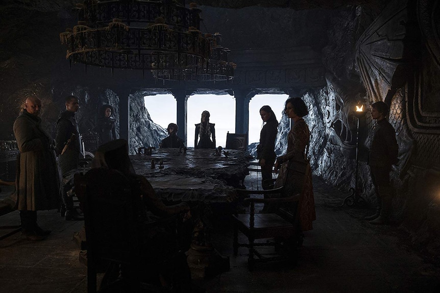 A still image of Daenerys and her council from HBO's Game of Thrones