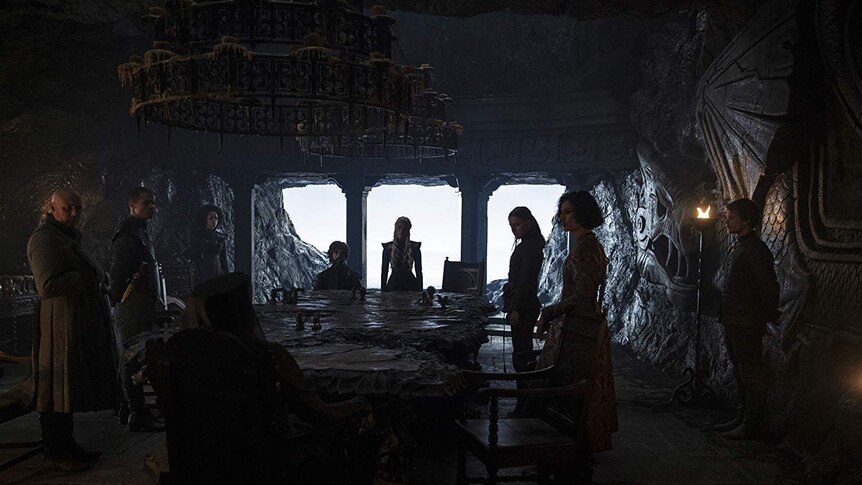 A still image of Daenerys and her council from HBO's Game of Thrones