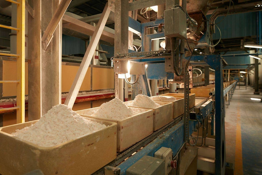 White soil-like material in crates.