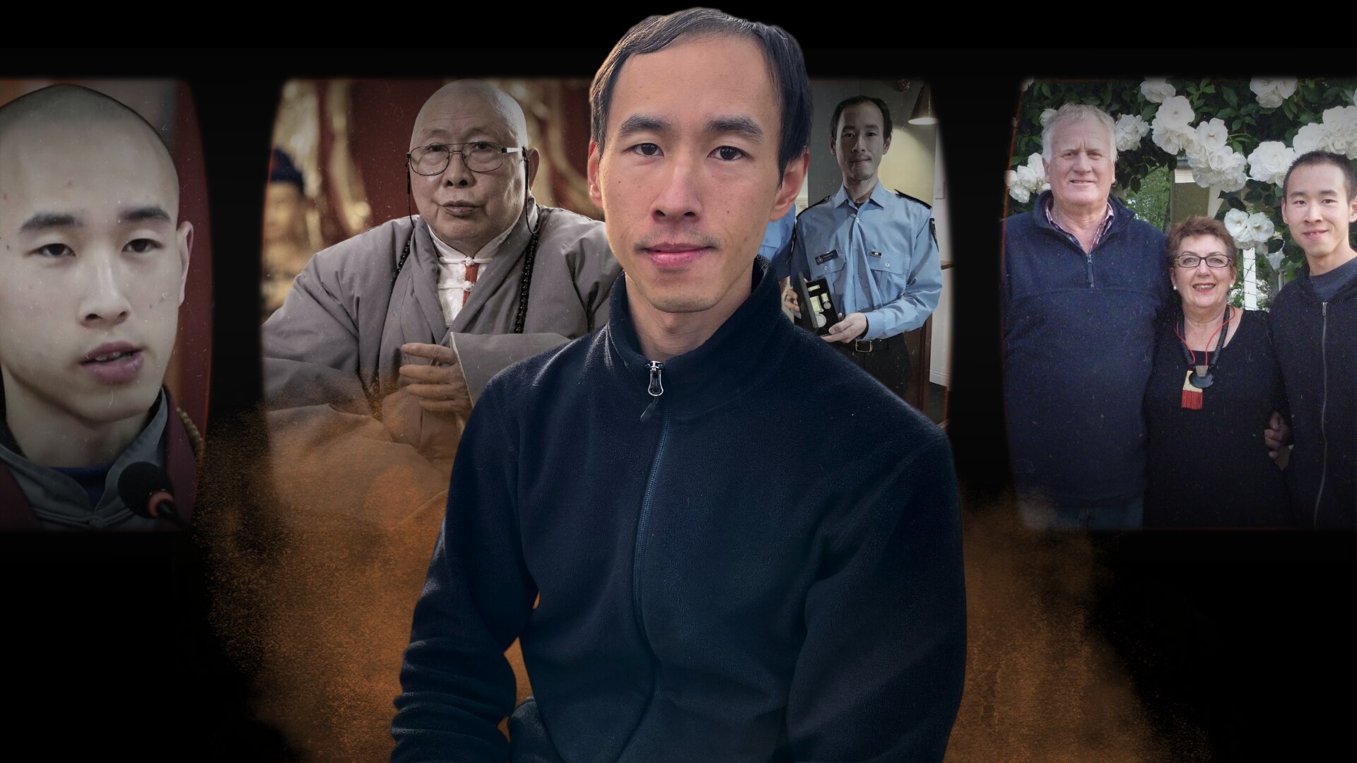 Collage of Asian man with his adopted family, a photo of a Buddhist monk, and the man as a young monk.