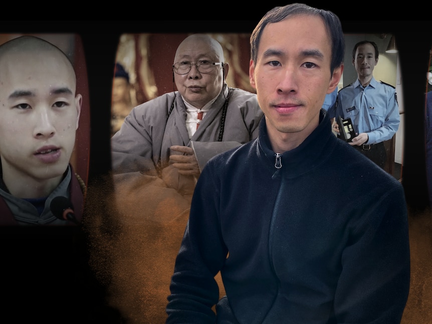 Collage of Asian man with his adopted family, a photo of a Buddhist monk, and the man as a young monk.