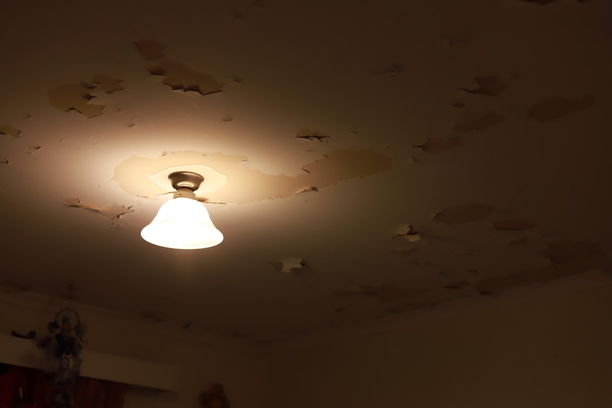 Patches of missing paint from the ceiling and other parts flaking off show a home in disrepair.