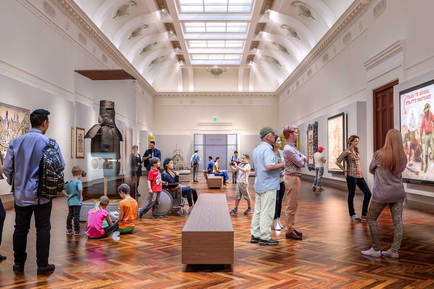 People look at Ned Kelly's helmet and armour in a glass cabinet, while others look at paintings on a wall.