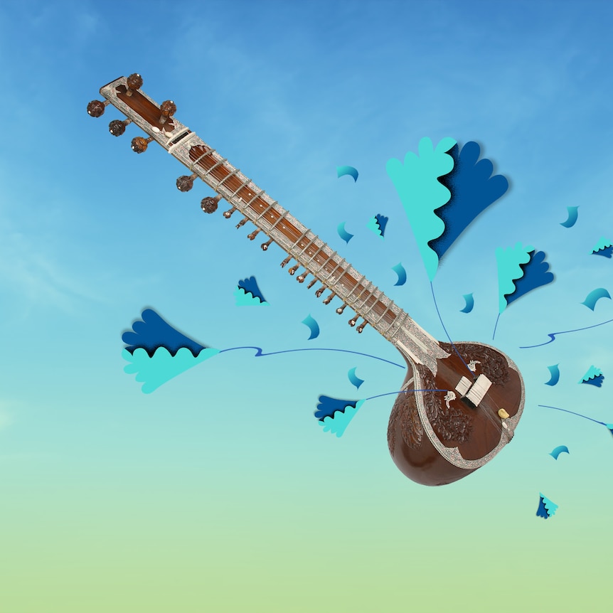 A sitar floating in a blue sky.