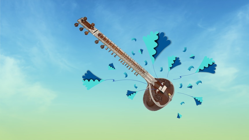 A sitar floating in a blue sky.