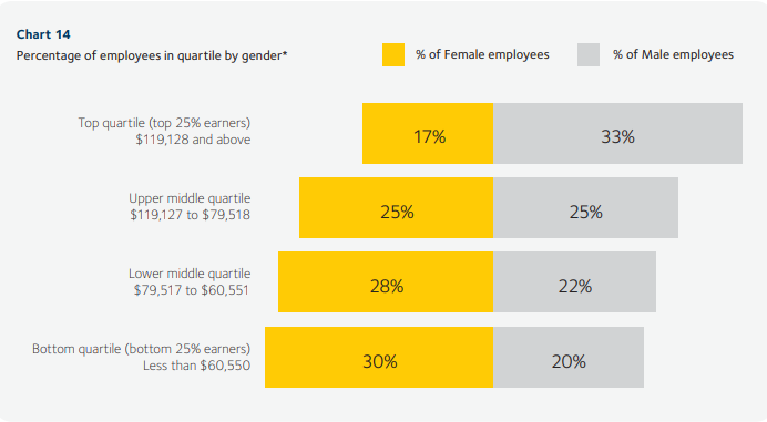 Graph showing different income levels with different percentages held by men and women.