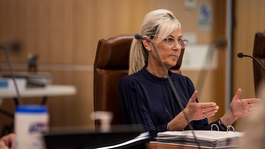 A woman gestures at a government meeting.