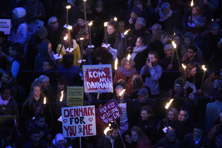 Pro-asylum seeker protests at the Danish parliament in Copenhagen