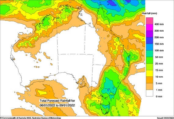 A coloured weather map of Australia showing rain over the east coast and north-west of the country.