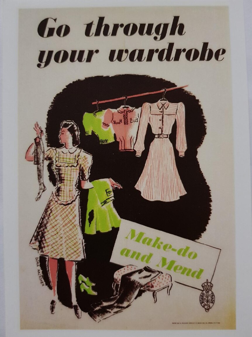 A poster shows a drawing of a woman hanging up clothing, and checking them.