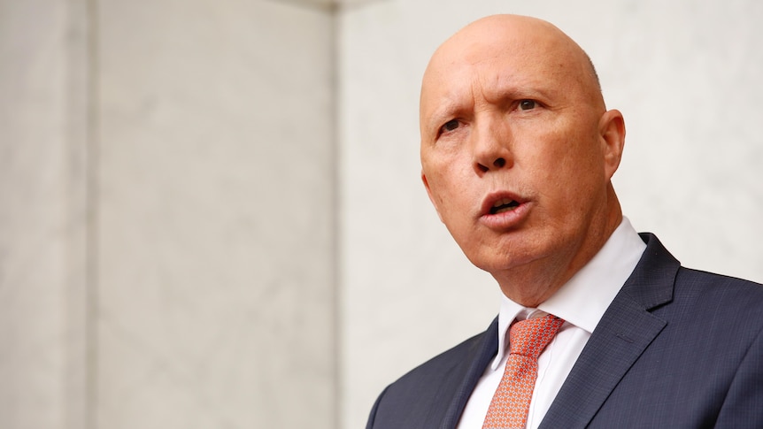 A close shot of Dutton speaking from the Prime Minister's courtyard.