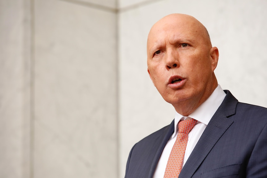 A close shot by Peter Dutton, who is standing in front of a marble wall and talking.