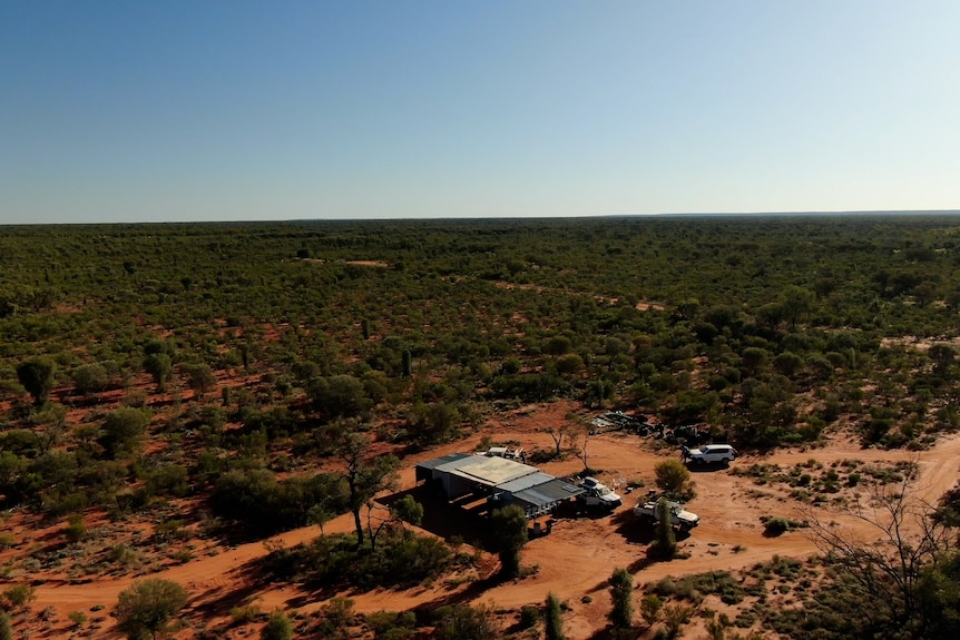 A building structure among red dirt and Mulga trees under a cloudless blue sky 
