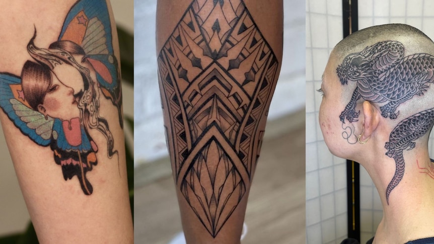 Three photos of tattoo artworks on a leg and someone's hea.