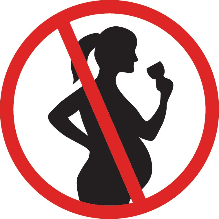 A silhouette of a pregnant woman holding a glass of wine, inside a red circle with a line through it