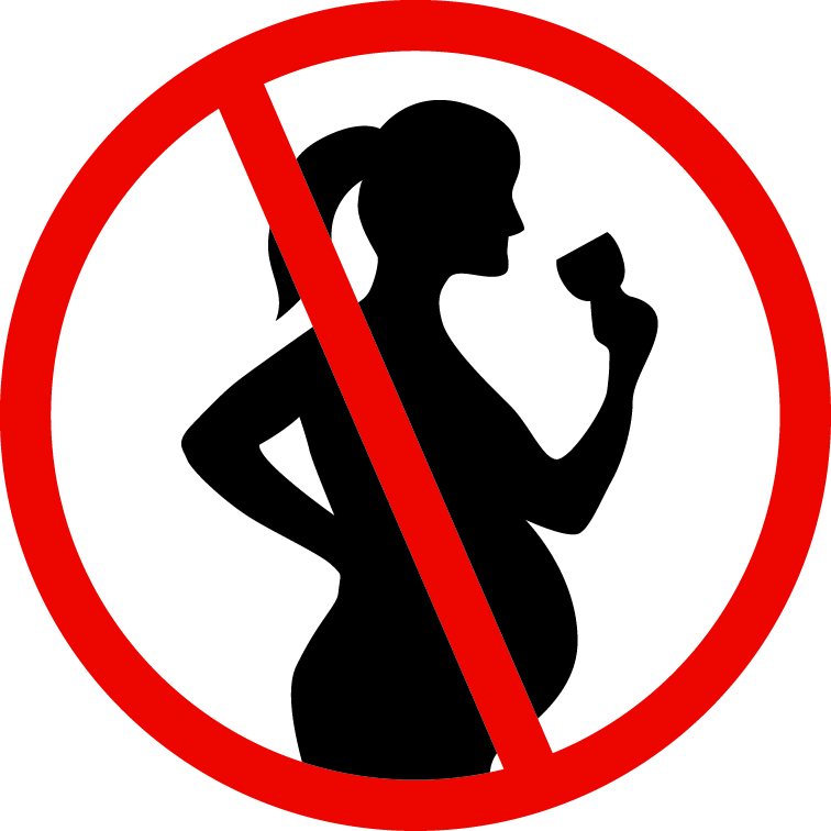A silhouette of a pregnant woman holding a glass of wine, inside a red circle with a line through it