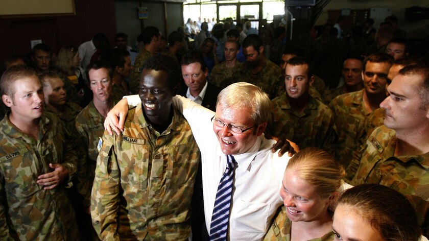 Rudd visits Australian troops in the Solomon Islands.
