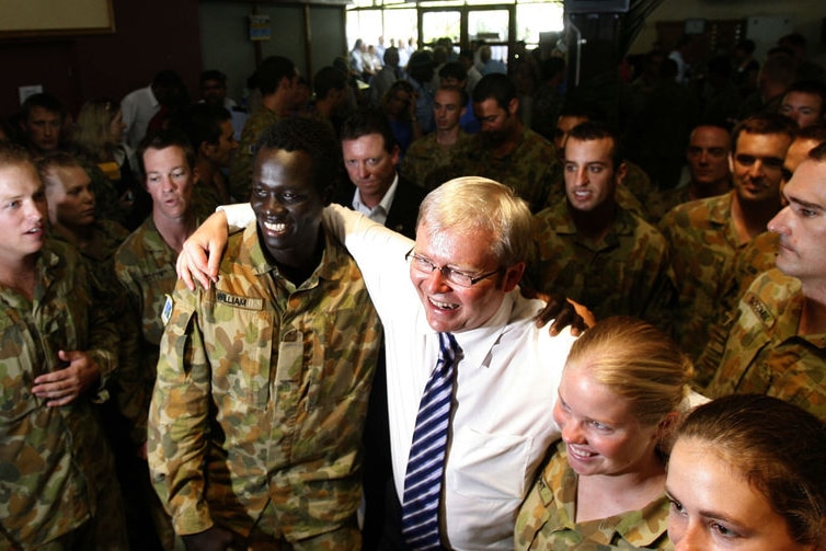 Rudd visits Australian troops in Solomon Islands.