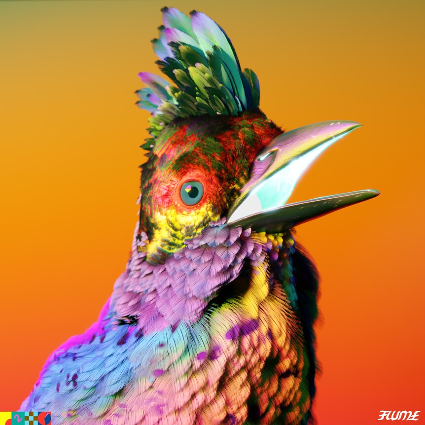 The cover for Flume's 2022 album Palaces showing a rainbow-coloured exotic bird's head on orange gradient background