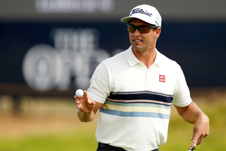 Adam Scott reacts during the third round of the British Open at Carnoustie on July 21, 2018.
