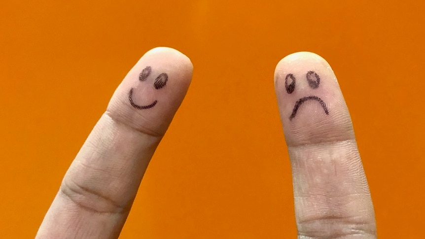 Two index fingers with a happy and sad face drawn on, with orange background.