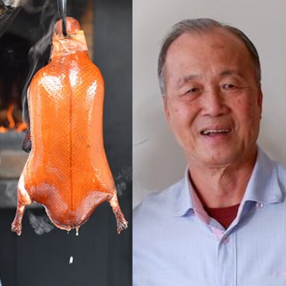 chef in white holding a rod with a cooked chicken on the end and close up of grinning older Asian man