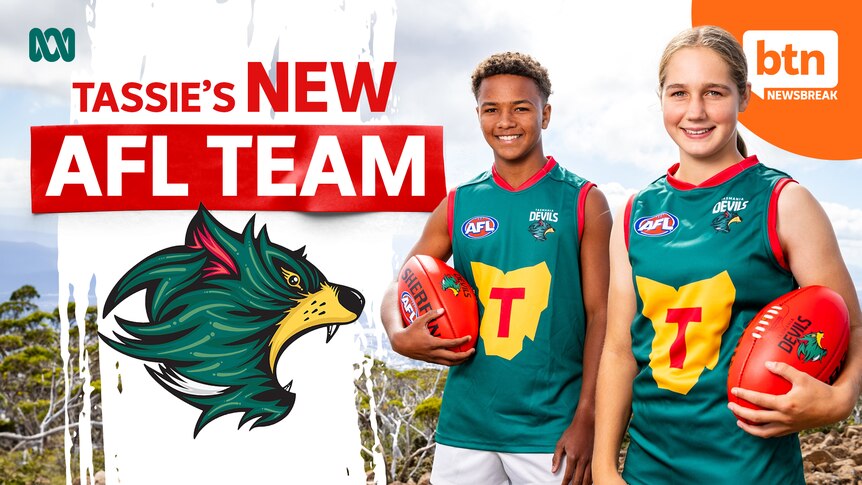 Two young people wearing the new tasmanian Devils AFL footy uniforms. An illustrated head of Tassie Devil as the logo.