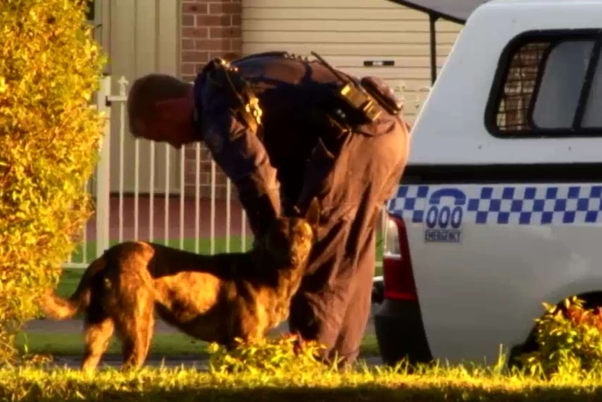 A police officer touches a god.