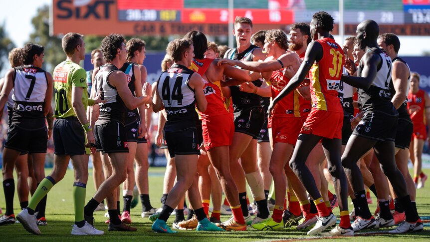 Port Adelaide and Gold Coast players brawl with each other