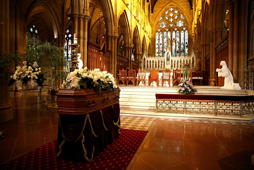 The coffin of Curtis Cheng at St Mary's Cathedral