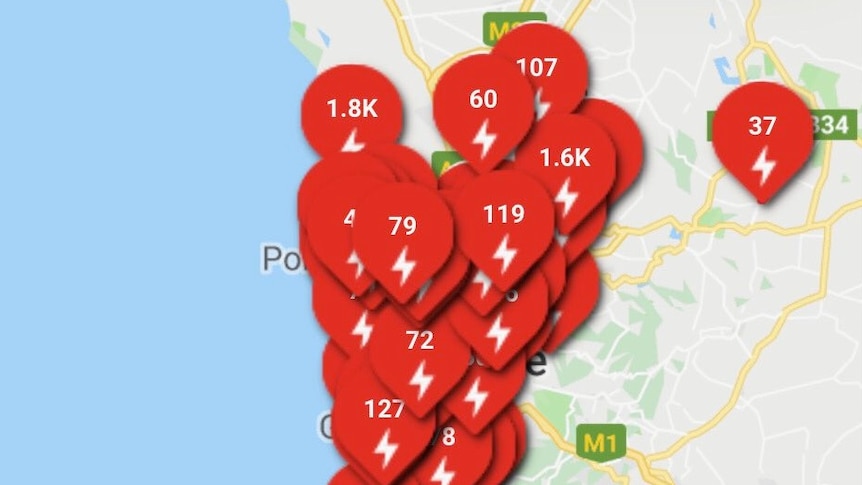 A map of Adelaide with lots of blackouts showing on a website