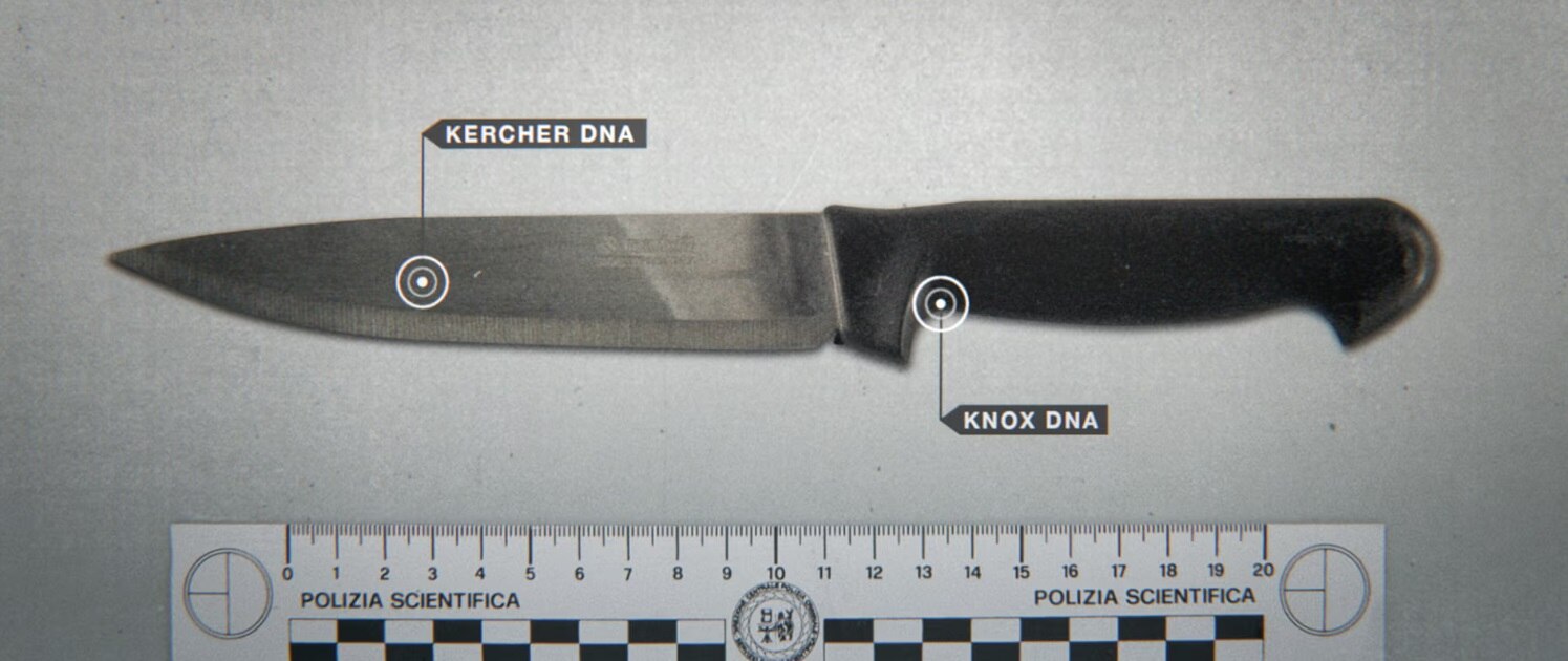 A steel kitchen knife lies on a bench beside a police measurement rule, with two points labelled "Kercher DNA" and "Knox DNA".